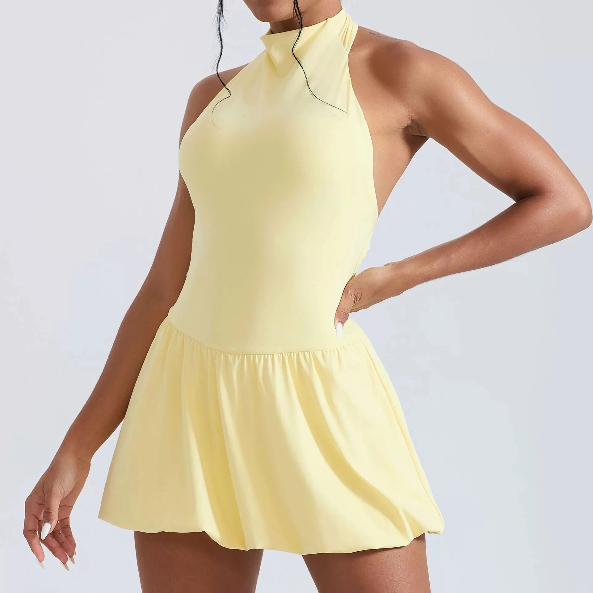 Women Tennis Dresses Quick Drying High Neck Backless Golf Skirt Built In Shorts With Pockets Gym Running Yoga Dress