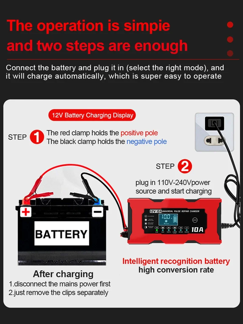 SMARAAD 12V 24V Automotive Motorcycle Battery Charging and Repair Device Lead Acid Battery Intelligent Repair LCD Display