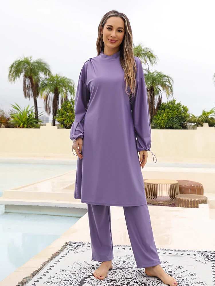 Costumi da bagno donna a maniche lunghe 2024 costume da bagno musulmano diviso in tre pezzi tinta unita protezione solare pantaloni lunghi vestito