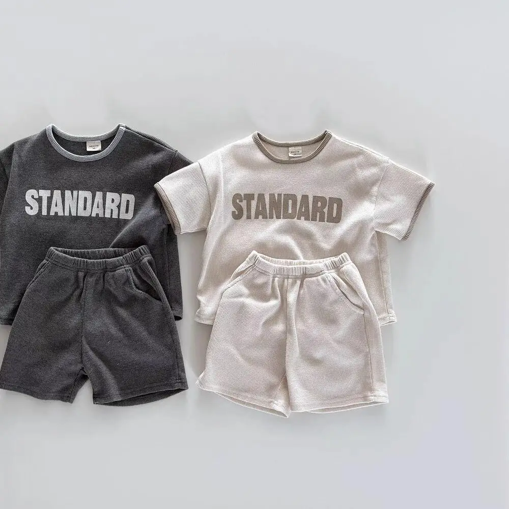 

2025 Summer New Baby Short Sleeve Clothes Set Cotton Boys Letter Print T Shirts + Shorts 2pcs Suit Cotton Kids Casual Sports Set