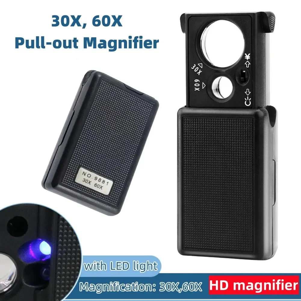 30X 60X Dual Power Jewelry Magnifier with LED and UV Light Handheld Mini Magnifying Glass for Currency Detection and Coin