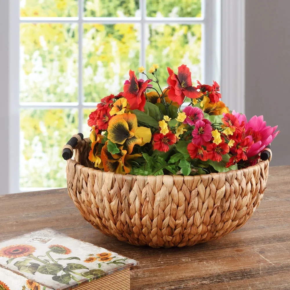 Natural Woven Water Hyacinth Decorative Bowl with Wooden Handles Home Storage Floral Centerpiece Kitchen Dining Table