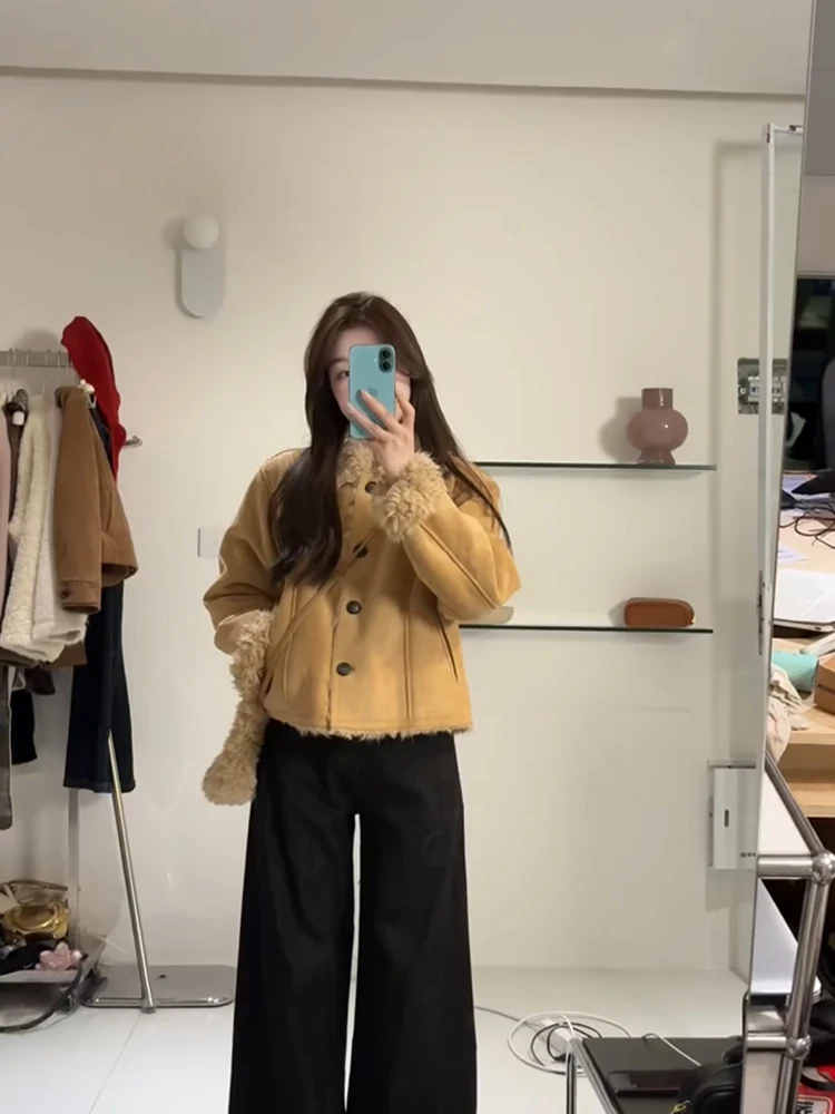 

Lamb Wool Jacket Woman With Fur Pockets Striped Flared Party Hottie Anti-Collision Elegant Ornate Sophisticated Formal Buttons