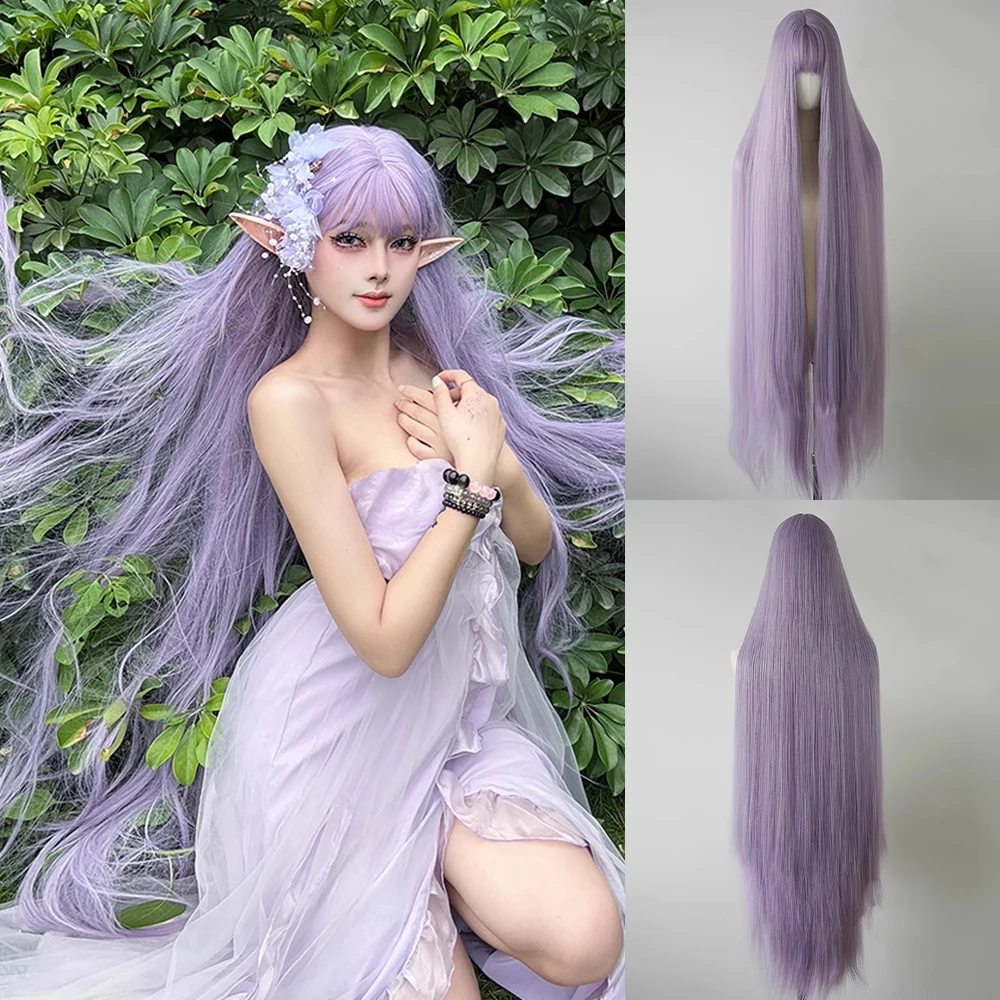 130cm Long Straight Purple Synthetic Wig with Bangs Heat Resistant Lolita Cosplay Fluffy Women Wig for Daily Party