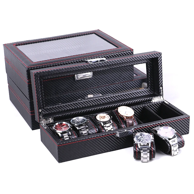 DELESYS 3/5/6/10/12 Slots Scratch-Proof  Carbon Fiber Leather Watch Box Carbonaceous Color Watch Storage Case With Clear Glass