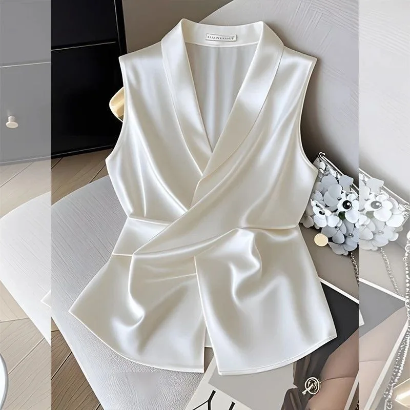 Elegant Silk Waist-Cinching Sleeveless Shirt Women's Cross-Band Fashion Vest Top Summer 2026 Design Sense Polyester Fiber