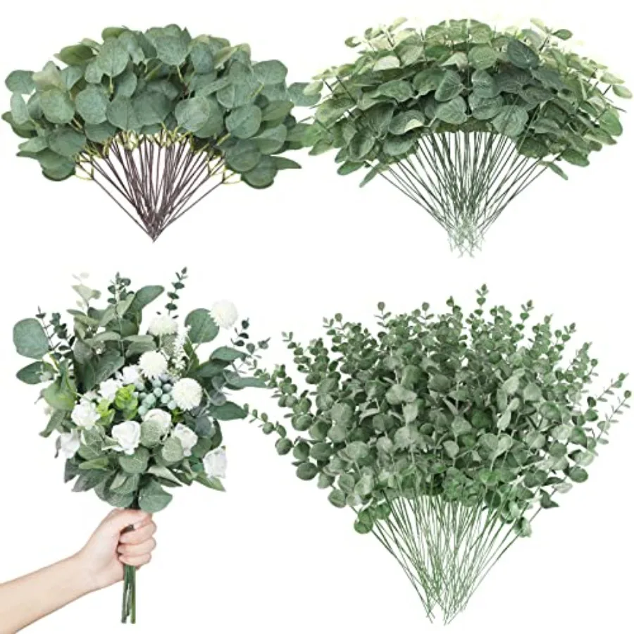 

180 Pcs 3 Kinds Mixed Artificial Eucalyptus Leaves Stems Bulk Silver Dollar Leaves Picks Dried Eucalyptus Bundle Faux Spray for