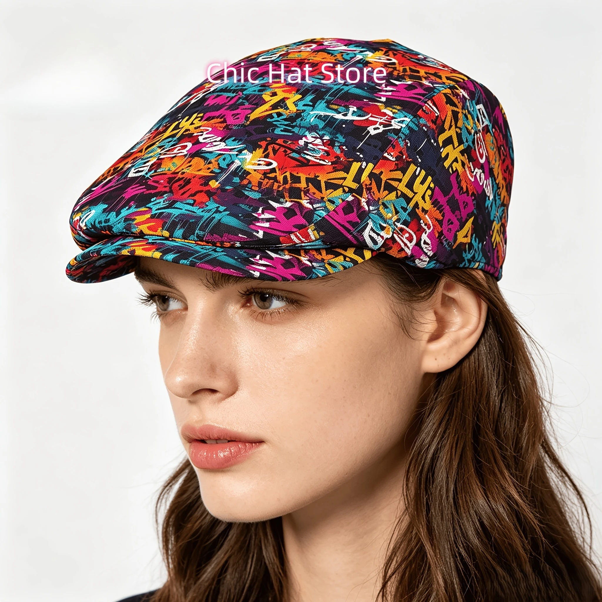 1pc Urban Graffiti All-over Print Flat-top Hats for Men and Women, Newsboy Caps, Berets, Irish Hats, Driver Caps,  Hats, Painter