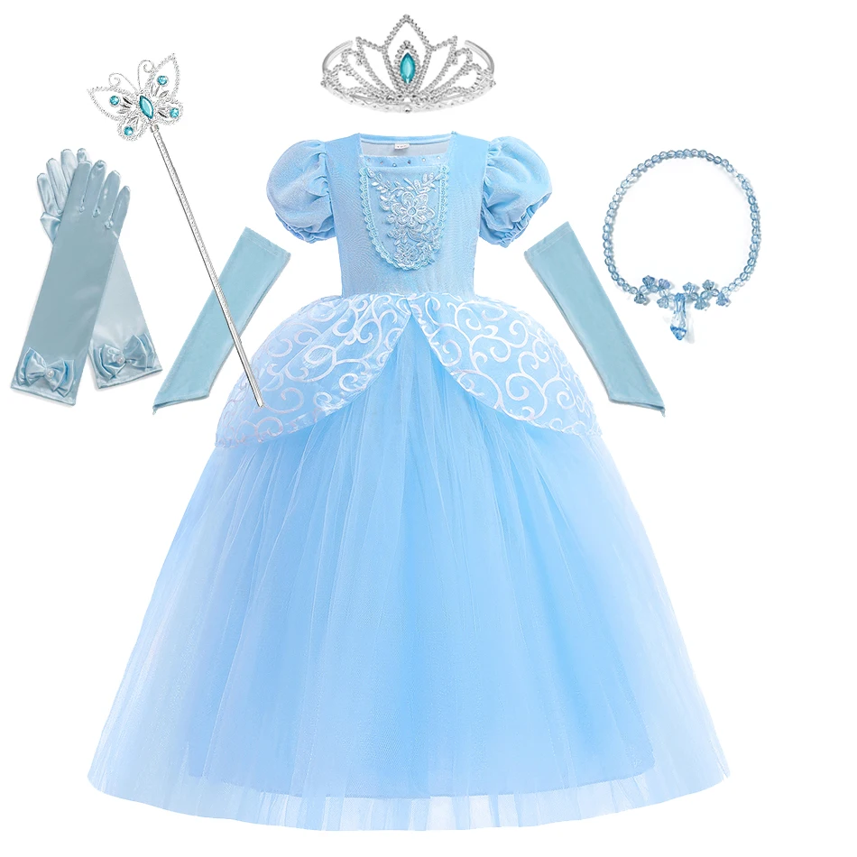 Disney Cinderella Party Dresses For Baby Girls Princess Ball Gown Cosplay Costume Lace Dress Kids Elegant Tutu Dress Clothing