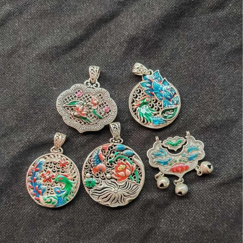 Tibetan hollow vintage- distressed silver lock with koi fish and lotus design, ancient-style rotating auspicious clo