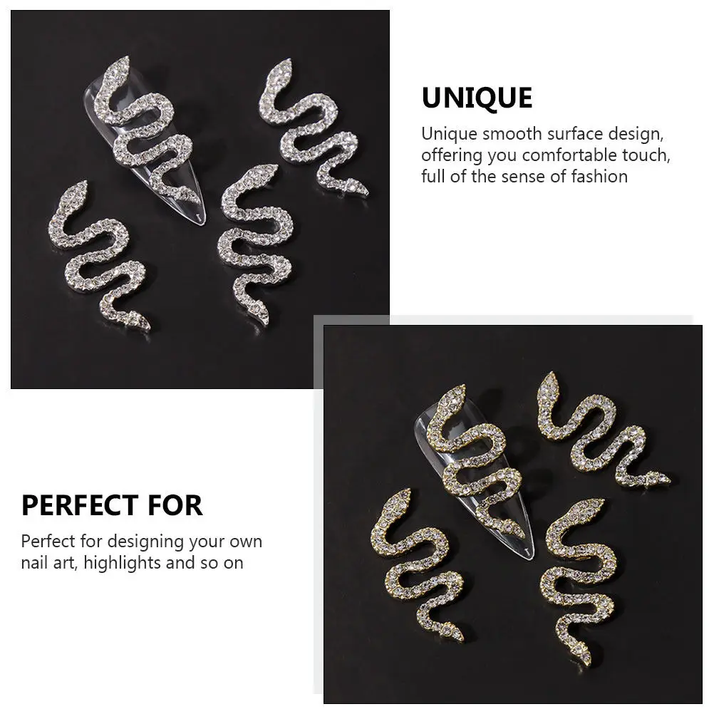 4 قطع من زينة الأظافر على شكل ثعبان، حجر الراين لتزيين الأظافر، إكسسوارات مانيكير أنيقة من السبائك، زينة صغيرة للأظافر للنساء