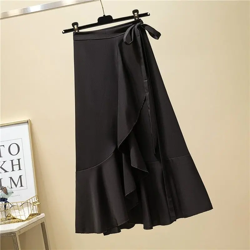 Elegant Fashion Ruffles Bandage Mermaid Skirt 2023 Summer New Office Lady Commute All-match High Waist Asymmetrical Midi Skirts