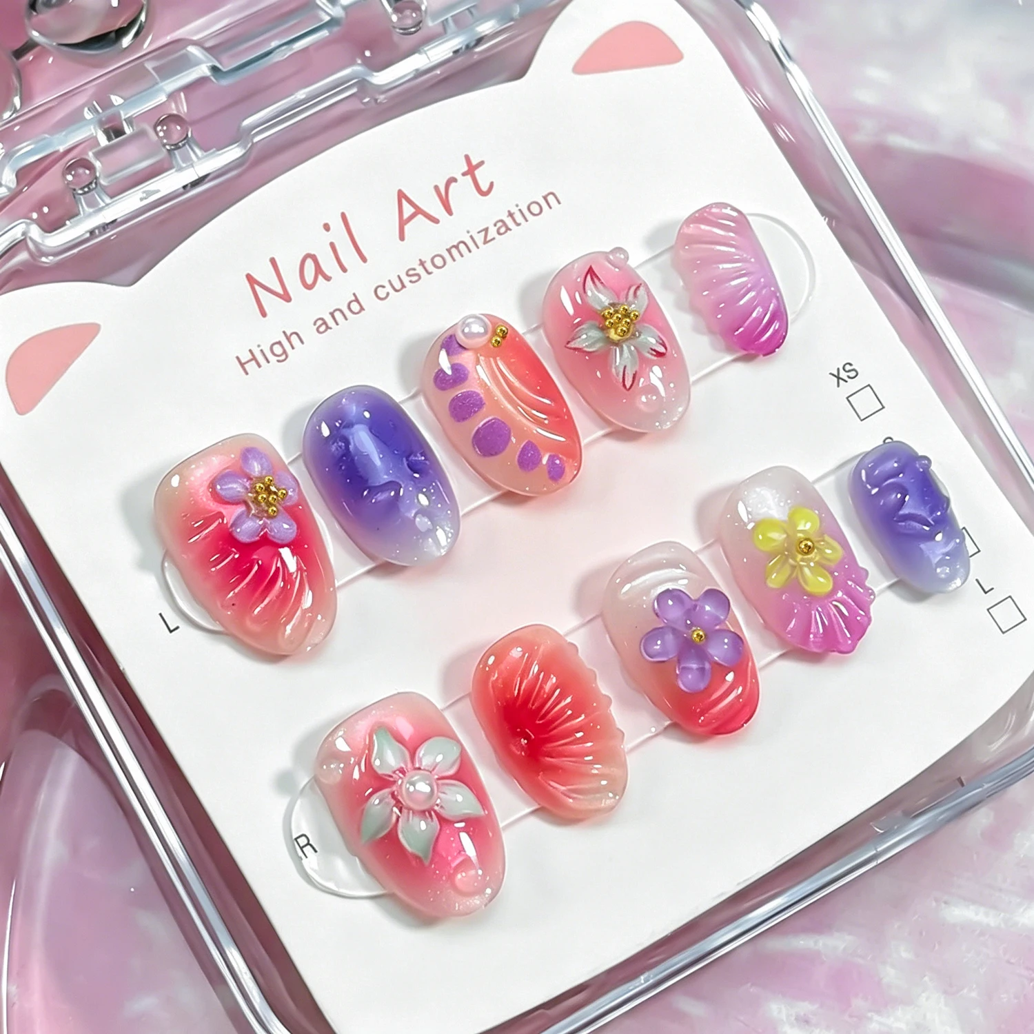 10Pcs/set Hand Painted Flower Press On Nails, Shiny Pink Purple Gradient Fake Nails, Daily Wearable Short Almond False Nails-XS
