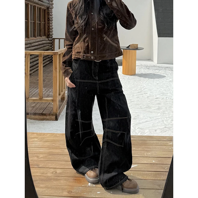 

ZHIZOU Women's Baggy Black Jeans Boyfriend Denim Pants Wide Fit American Retro Y2K Harajuku Cowboy High Street Streetwear 2000s