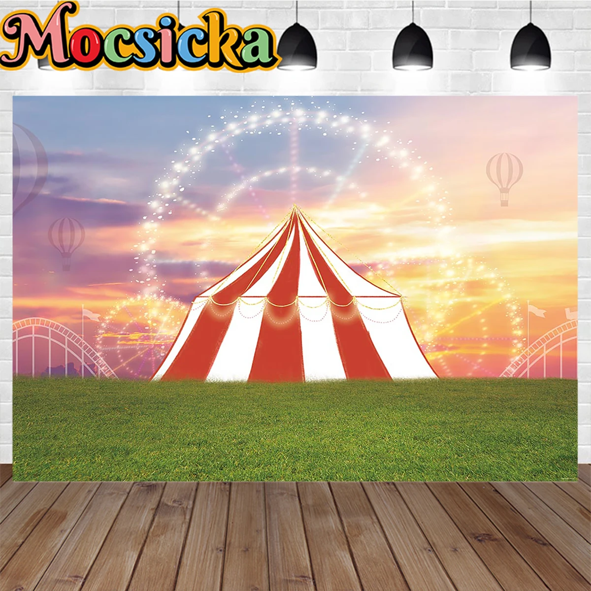 

Circus Red Tent Decor Girl Birthday Photography Background Green Grass Hot Air Balloon Sunset Backdrop Banner Baby Shower Studio