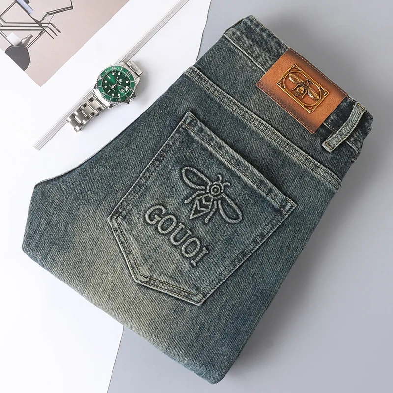 2024 Autumn Jeans Men's Fashion Little Bee Three-Dimensional Printing Stylish Slim Fit Skinny and All-Matching High-End Trousers