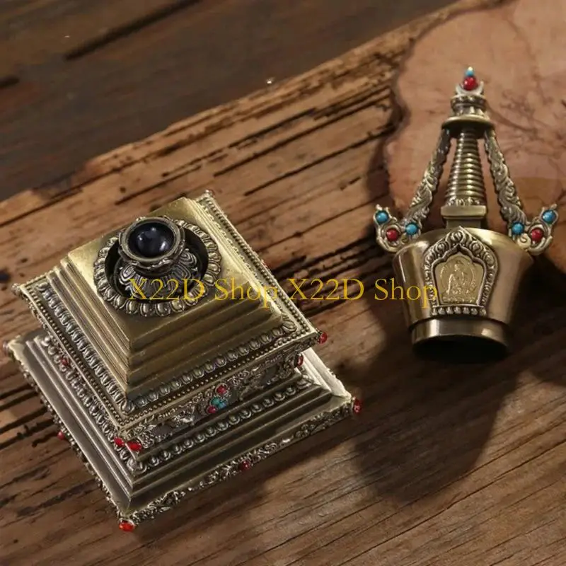 X22D Alloy Metal Bodhi Tower Tibetan Stupa with Buddhas Statues Engraving Handicraft,Buddhism Collections,Desktop Decorations