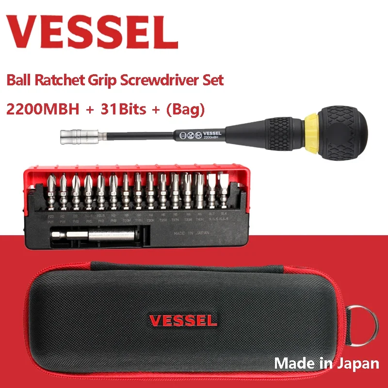 

VESSEL 1/4'' Ratchet Screwdriver Set with Strong Magnetic Screwdriver Bits Hand Tools 2200MBH + 31Bits (+ Bag)