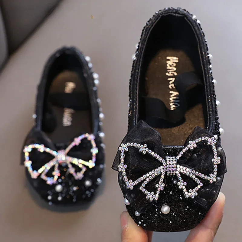 Princess Girls Shoes Rhinestone Leather Shoes Kids Sequin Lace Bowknot Wedding Dress Shoes Children Princess Dance Flat Heels