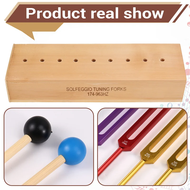 

XSXS-Healing Meditation 9-Color Tuning Forks Kit With Hammer In Wooden Case For Yoga And Relaxation Techniques