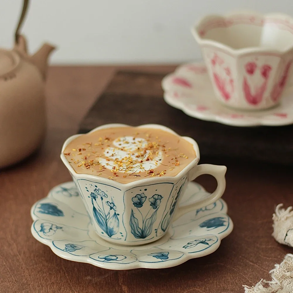 French Style Vintage Ceramic Cup Saucer Set Delicate High Grade Restaurant Homehold Drinkware Afternoon Tea Coffee Cup and Dish