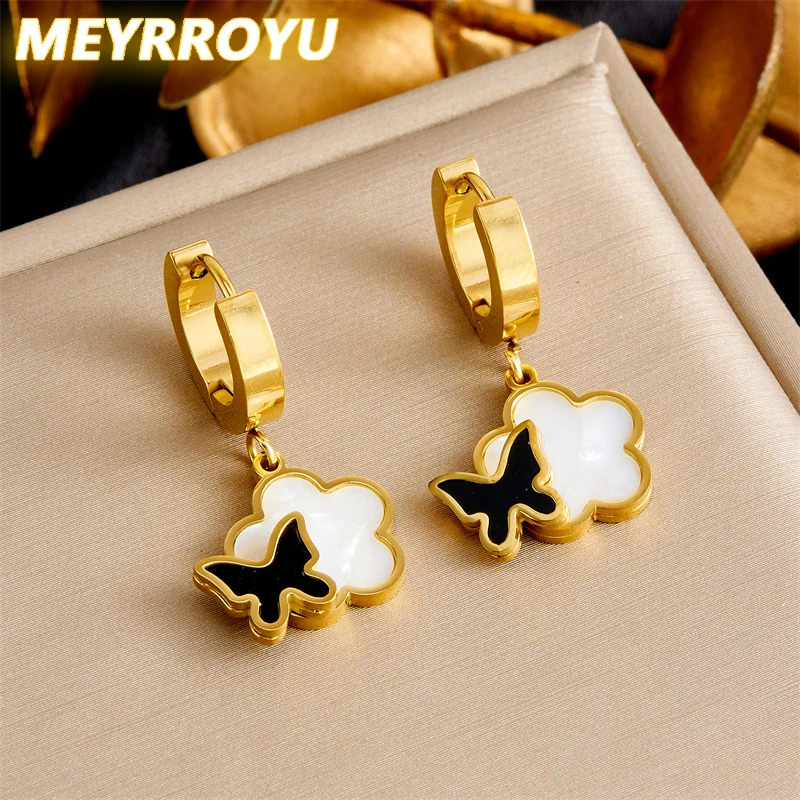 MEYRROYU 316L Stainless Steel White Beihua Black Butterfly Earrings Womens Fashion 2024 New Current Ear Jewelry Lady Gift Party