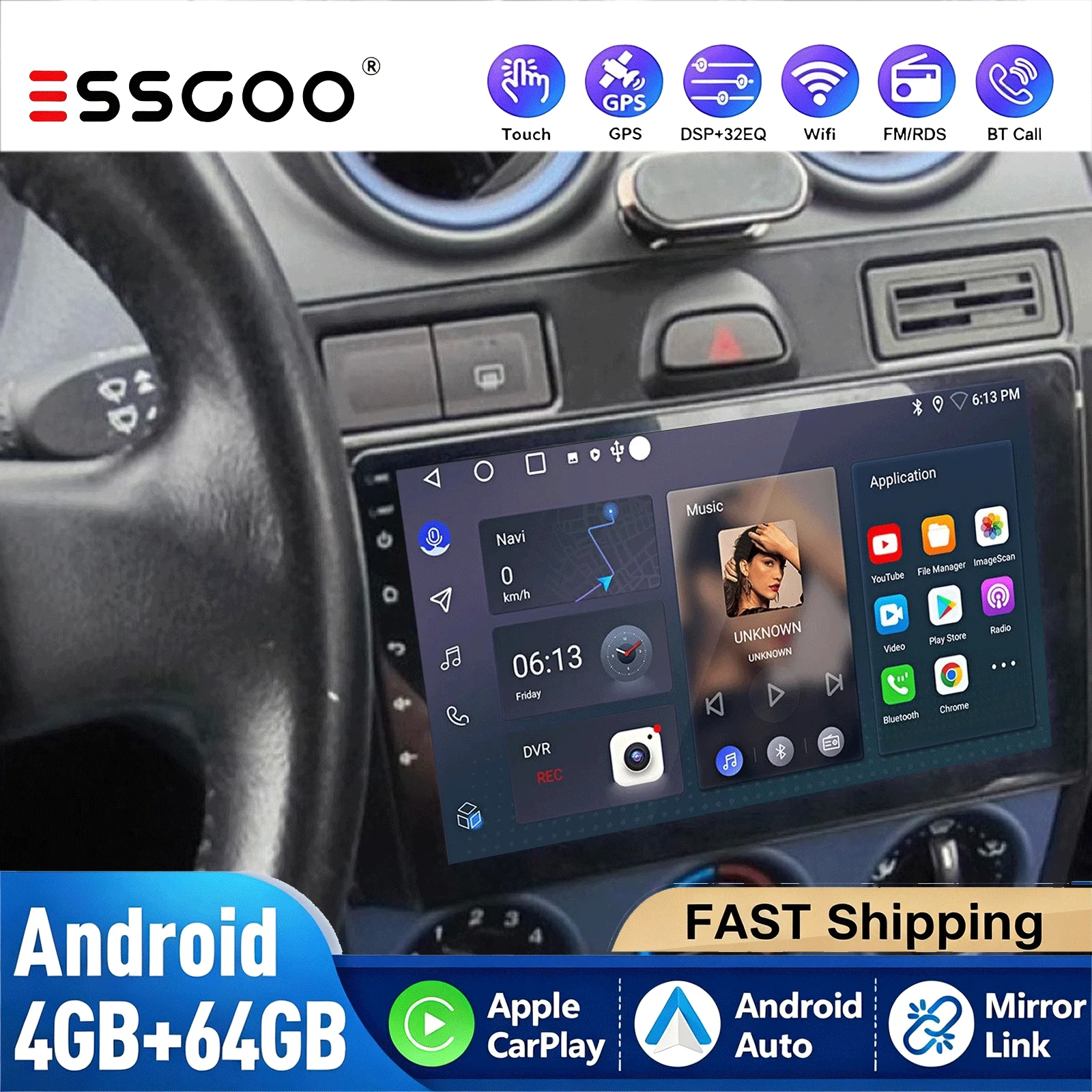 ESSGOO 4+64G per Ford Fiesta Mk VI 5 Mk5 2002-2005 2006 2007 2008 CarPlay Android Auto Radio GPS RDS NAVI WiFi BT DAB+ Telecamera