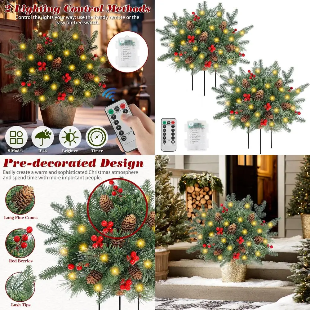 

2-Piece Illuminated Christmas Urn Fillers: Mini Pine Trees with Cones, Berries & 50 LEDs for Outdoor Holiday Decor