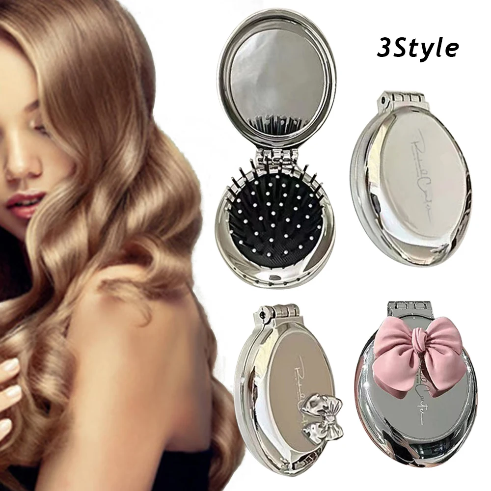 Portable Round Pocket Combs Small Size Travel Massage Folding Comb Girl Hair Brush With Mirror Styling Tools 3 Colors