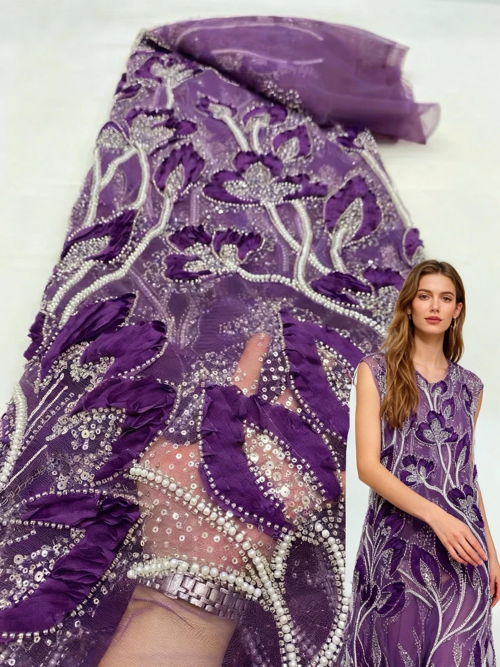 

Luxury Nigerian African French Mesh Beaded 3D Sequin Lace Fabric High Quality Lace for Women's Evening Party Dresses 2026 Style