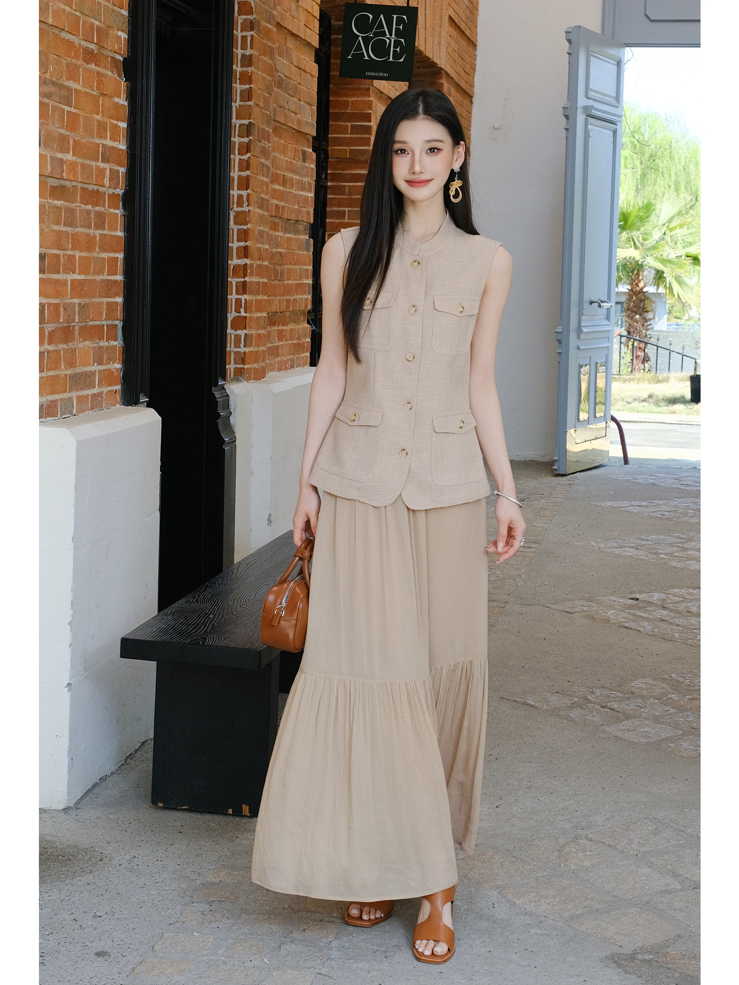 

Комплект MIUCO в стиле Old Money: женский комплект без рукавов цвета овсянки с карманами, длинная юбка-платье, элегантная мода, новинка весеннего сезона