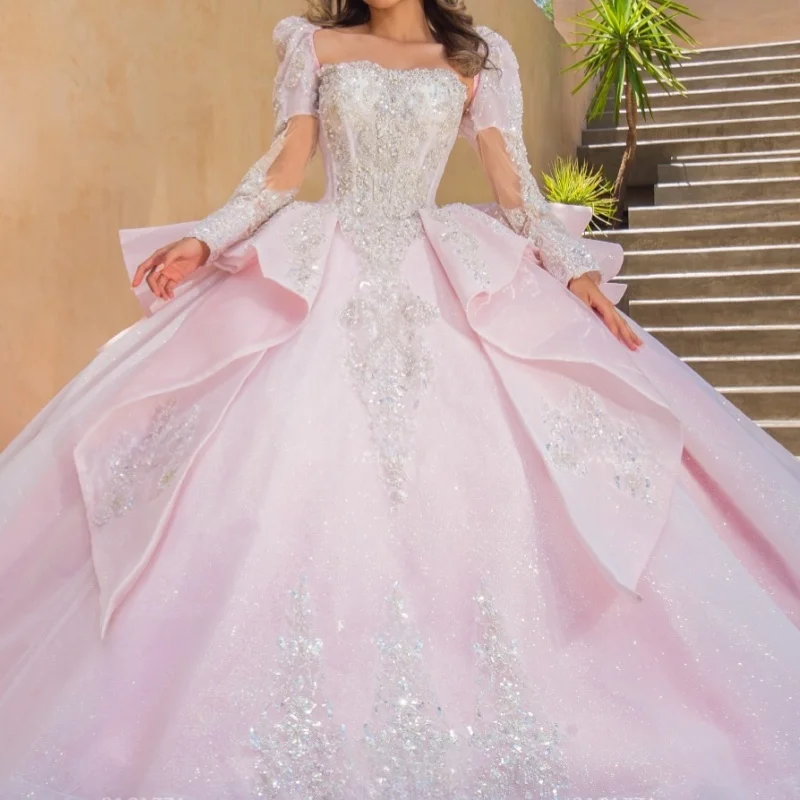 

Customized Shiny Light Pink Quinceanera Dresses Off the Shoulder Sequin flower Long tail Lace Big Bow Vestido De 15 Quinceanera