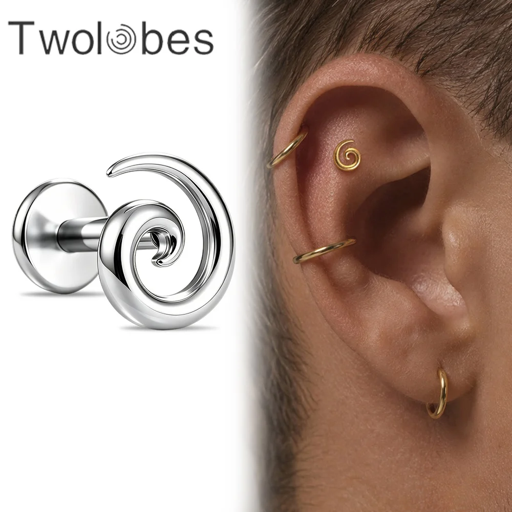 Twolobes 1PC ASTM F136 Titanium Swirl Flat Back Stud Earring Lip Nose Medusa Labret Ring Conch Helix Tragus Piercing Jewelry