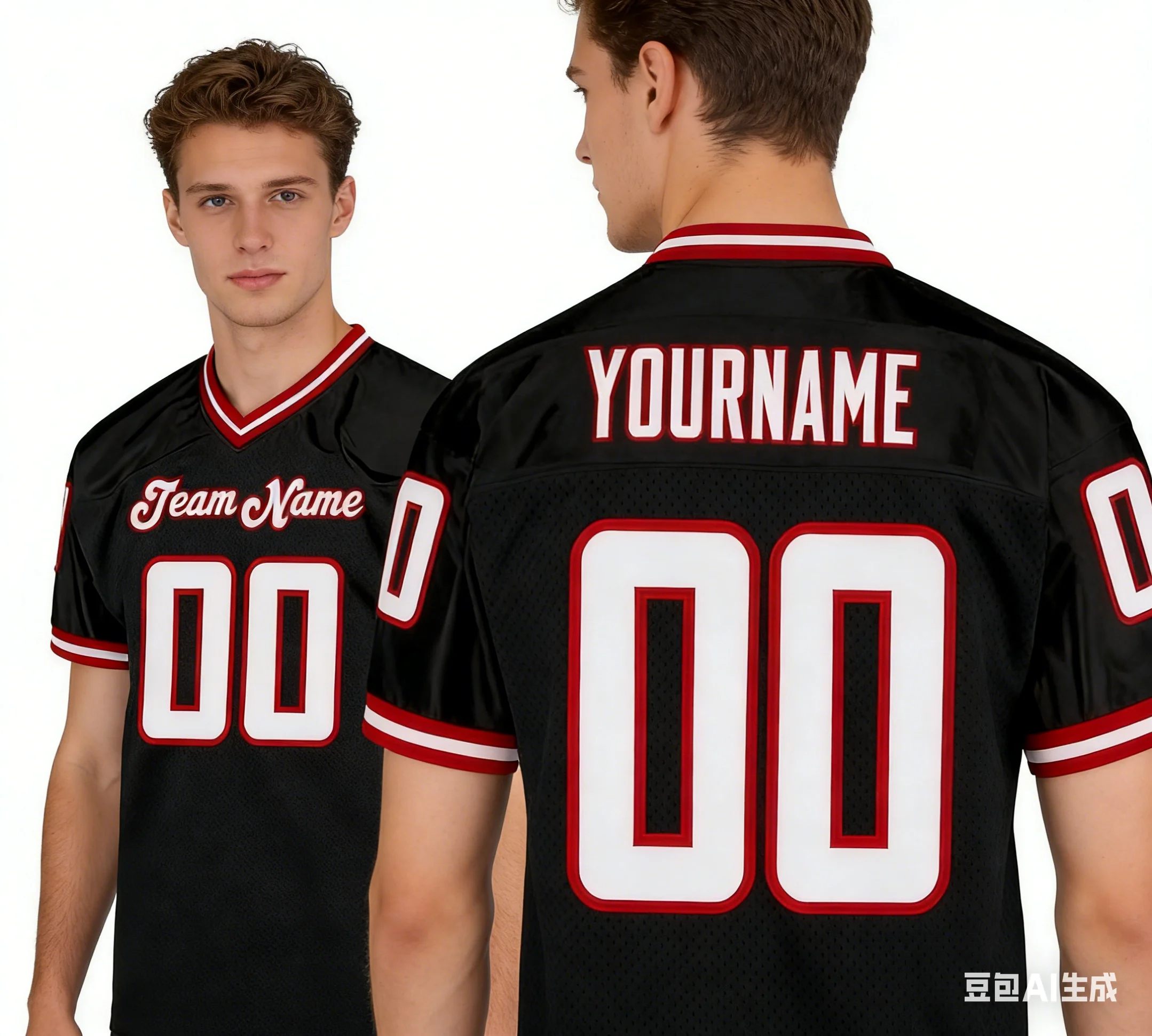 Custom Teal Black White Football Jersey Man T Shirt Personalized Name Number V Neck Stripe Sleeve Breathable Game Day Tops