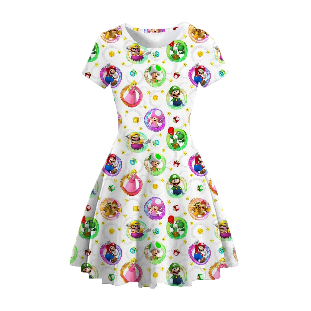 New Summer Children\'s Clothing Peach Princess Print Girls Casual Cartoon Character Christmas Dress 1-14 Years Old 2024