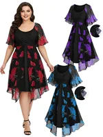 Plus Size Ruched Panel Dress Flowers Print Chiffon Ruffles Split Hem Layered Casual Elegant Women's Maxi Dresses Vestido - Image 3