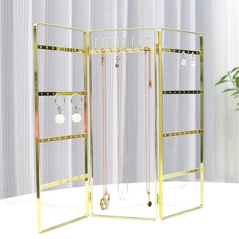 2/3 Sides Metal Jewelry Display Rack Folding Screen Studs Earrings Necklace Storage Display Props Counter Display Jewelry Stand