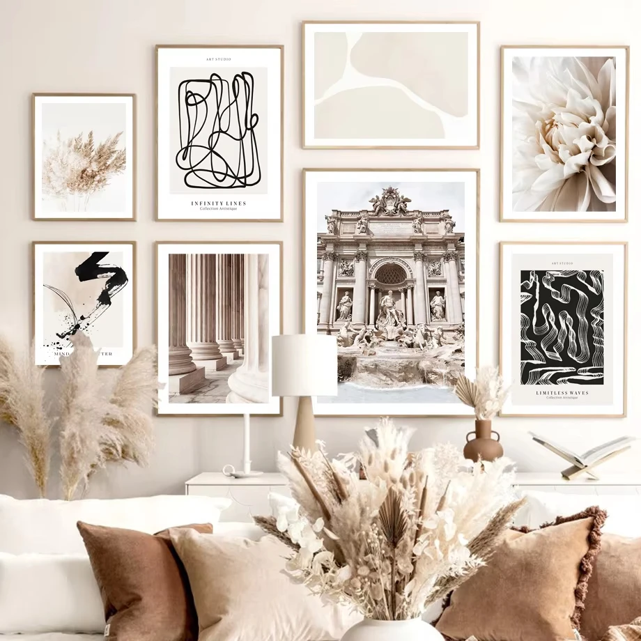 Fountain Seaside Castle Bird Stone Pillar Reed Flower Wall ArtCanvas Painting Nordic PosterPrinting Living Room Decoration Mural