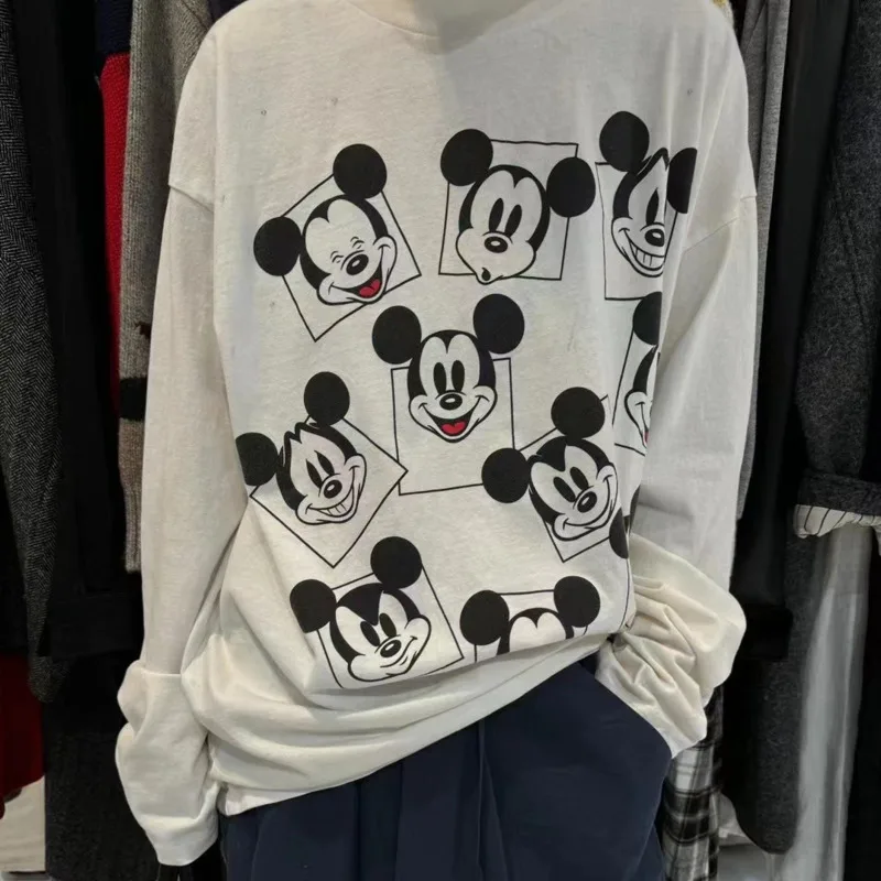 Disney Fun Cartoon Mickey Printed Fashion Long Sleeve T-shirt For Women Spring And Autumn New Trend Niche Top Loose Casual Tees