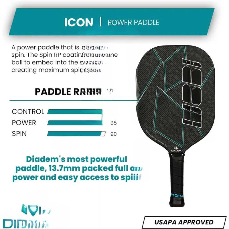 Paleta de Pickleball de rendimiento AQDiadem ICON | Fibra de carbono de grafito, núcleo de panal, cara de fibra de vidrio, protector de borde ultra elegante, giro