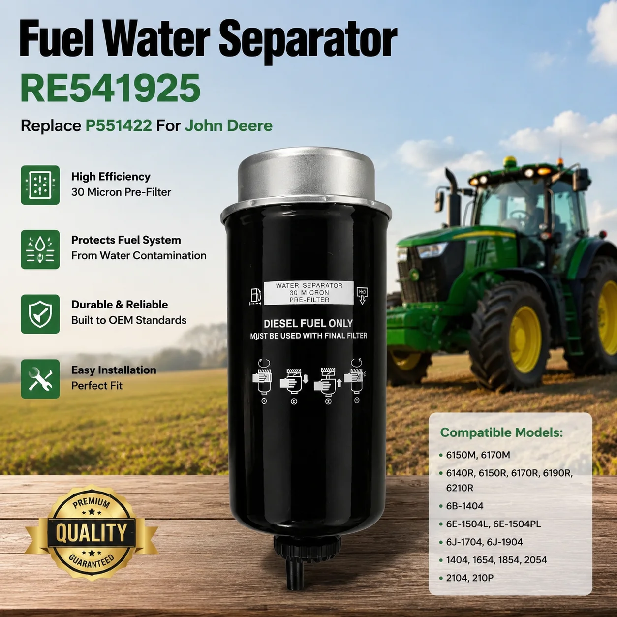 Separador de Agua y Combustible RE541925 Reemplaza P551422 para John Deere 6140R 6150R E210 E240 6150M 6170M Filtro de Combustible Diésel para Tractor