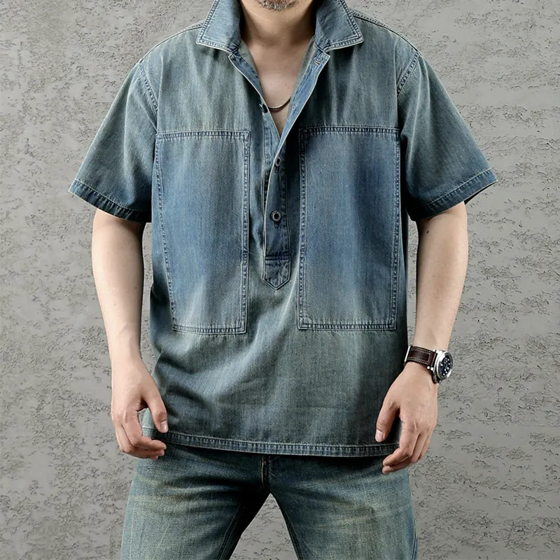Amekaji American Retro Denim Half Sleeve Shirt Amekaji Washed Distressed Tooling Pullover Short Sleeve