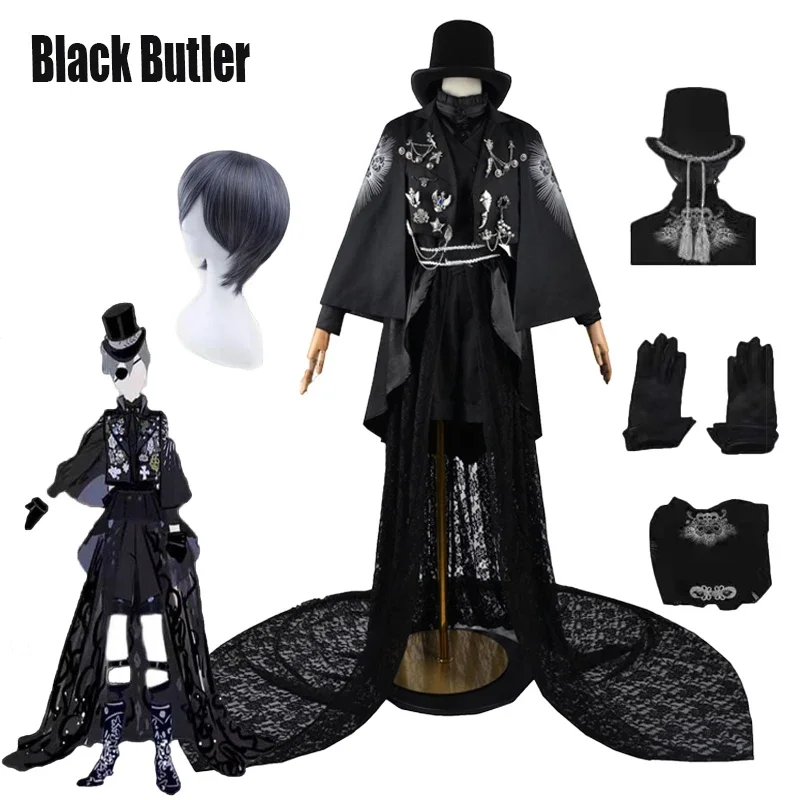 

Anime Black Butler Kuroshitsuji Ciel Phantomhive Cosplay Costume 15th Anniversary Black Suits Halloween Party Uniform with Wig