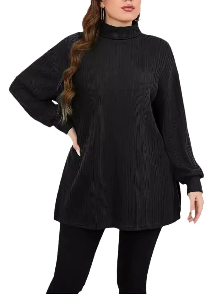 Pulôver feminino de malha de gola alta, suéter feminino, suéter solto, tops plissados, casual, plus size, outono, inverno