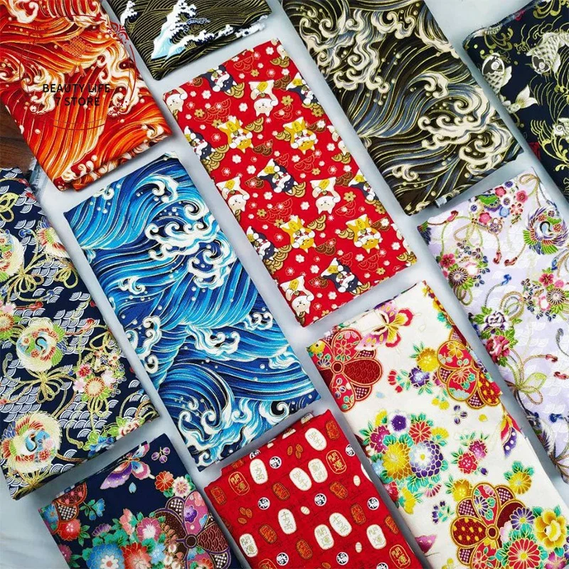 Printed Bronzed Cotton Fabric Japanese Style Flower Pattern Cloth for Kimono Cheongsam DIY Bag Handmade Patchwork DIY 145*50cm