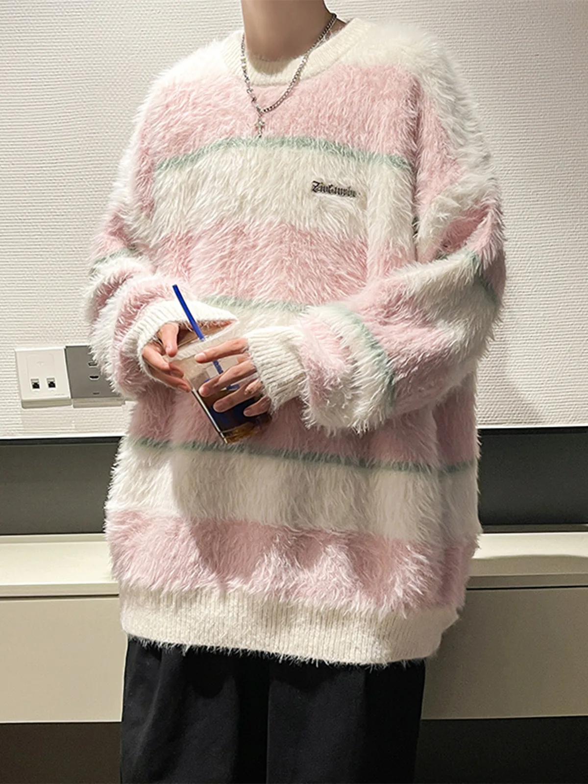 

Lazy Style Men's Sweater Soft Plush Striped Loose Warm Knitted Top for Couples Casual Wear Autumn Season Long Sleeve round Neck