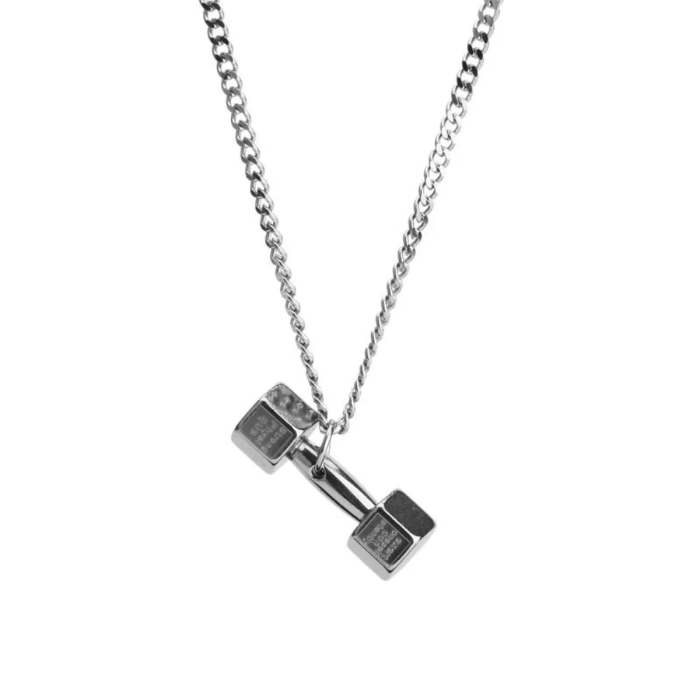 Hip-Hop-Hantel-Anhänger Lange Halskette Retro Silberfarben Edelstahl Herrenhalskette Einfache Pulloverkette Schmuck – Detail 6