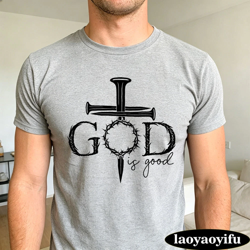 God is Good Crown of Thorns Cross Nails Graphic T Shirt Men Sarcastic Humor Novelty  Top Religious Believer Casual Daily Wear