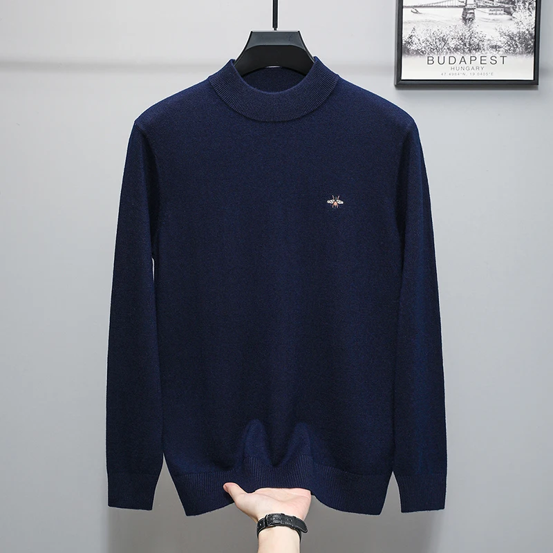 Hot Premium Brand Man Long Sleeves Knitwear 100%wool Round Neck Bee Embroidery British Style Pullover Winter Skin-Friendly Tops
