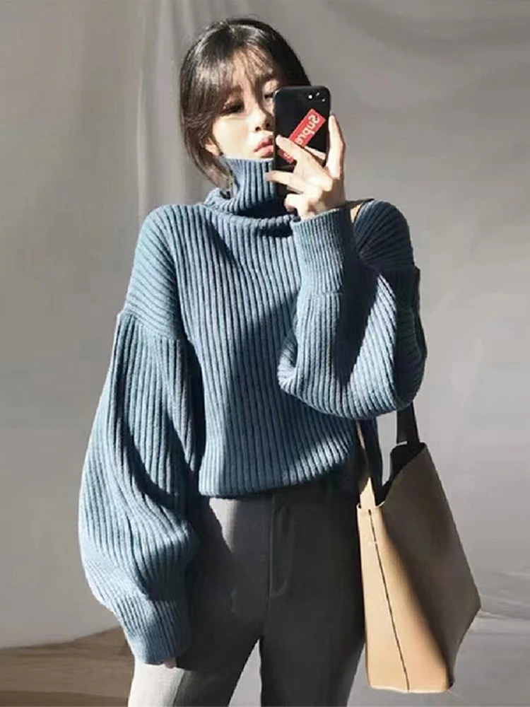 

Knitwear Autumn Winter Hot Soft Warm Female Elegant Jumper Korean Thicked Loose Woman Pullover Sweater Turtleneck Simple Natural